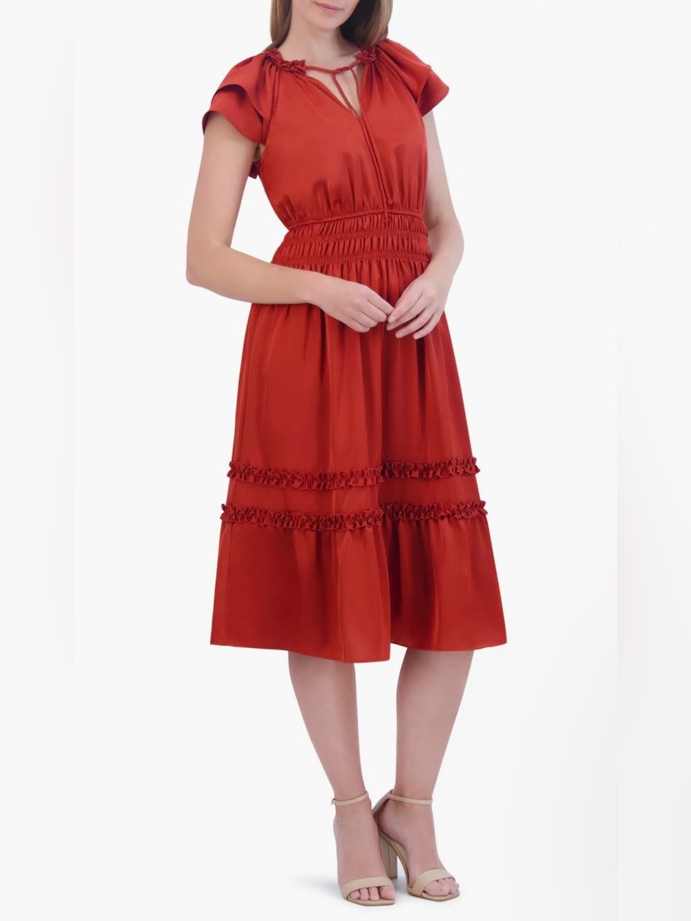 Tiered Ruffle Sleeve Tie Neck Midi Dress - Picture 2 of 8